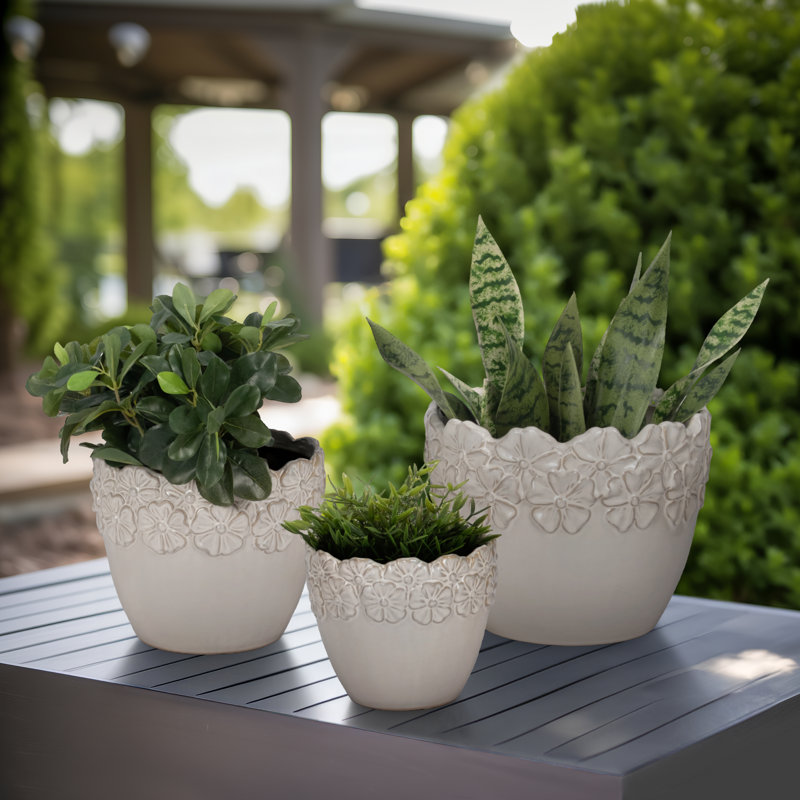 Stoneware Ceramic Planter Set with Floral Embossed Design - Set of 3.