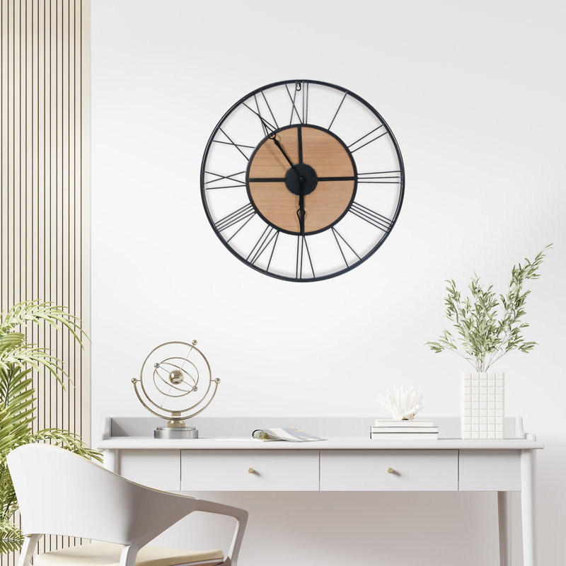 23.5" Oversized Modern Metal and Wood Round Decorative Wall Clock