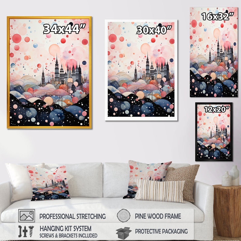 Bubble Gum Cityscape Horizon III - Art mural déco urbain, Cadre simple noir, H 32 po x l 24 po x P 1 po
