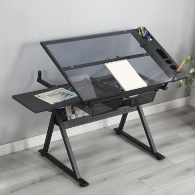 Latiffa Modern Glass Drafting Table Set With Adjustable Height And Ergonomic Chair
