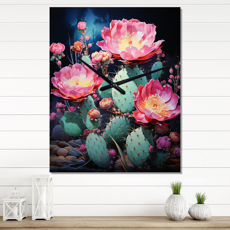 Cactus rose, vert, désert, épineux II - horloges murales florales, Petit