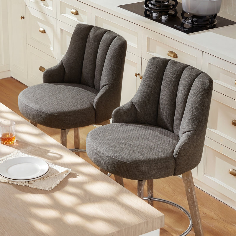 Counter Height Bar Stools,Swivel Bar Stools with Backs,Barstools Set of 2,26'' Solid Wood Legs,Thick Seat Upholstered Linen Fabric Counter Height Stools in Grey