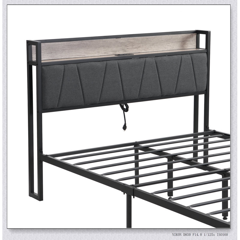 Base de lit plateforme avec tête de lit tapissier et USB, Noir / beige / gris, Grand