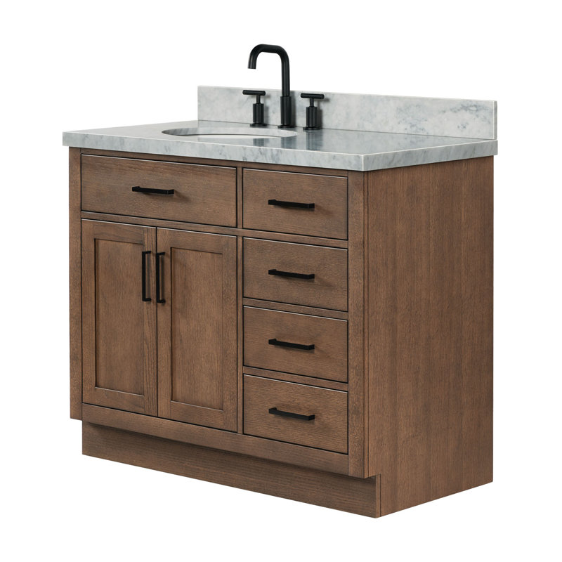 Meuble-lavabo simple en bois massif Tidworth de 42 po avec plateau en marbre de Carrare de 1,5 po, Gauche, Ovale, Chêne brun