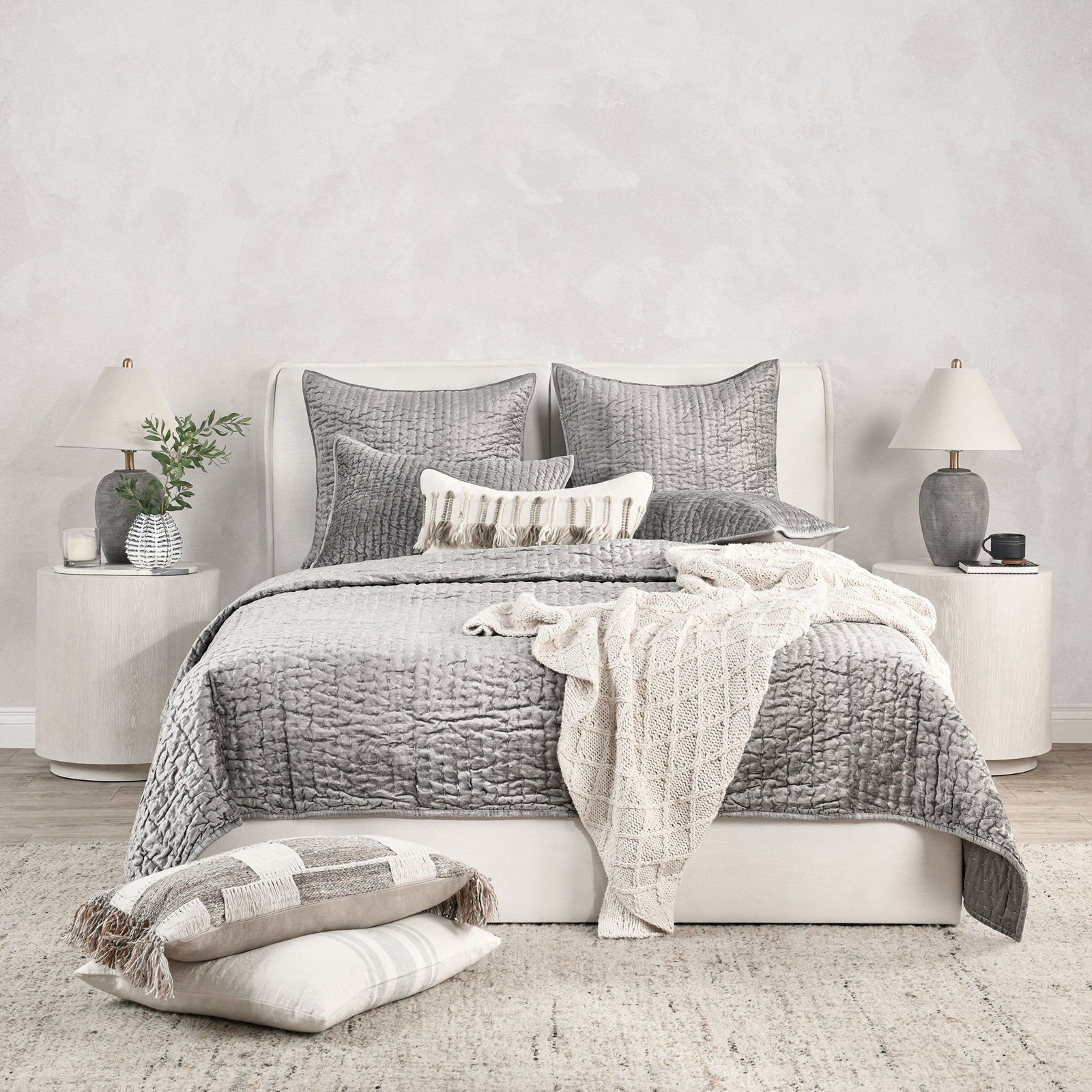 Velvet Quilt Set, Queen Quilt, Gray
