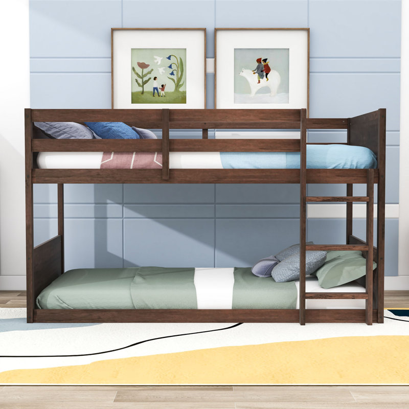 Twin Over Twin Rustic Floor Bunk Bed With Ladder And Guardrails, Antique Oak