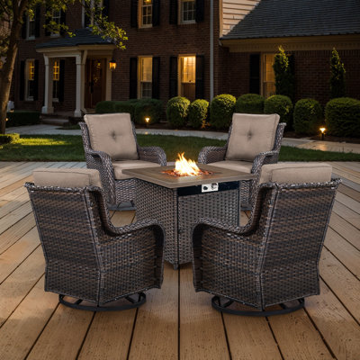 Bonia Outdoor 5-Pieces PE Wicker Patio Chair Seating Group with Cushions and Fire pit