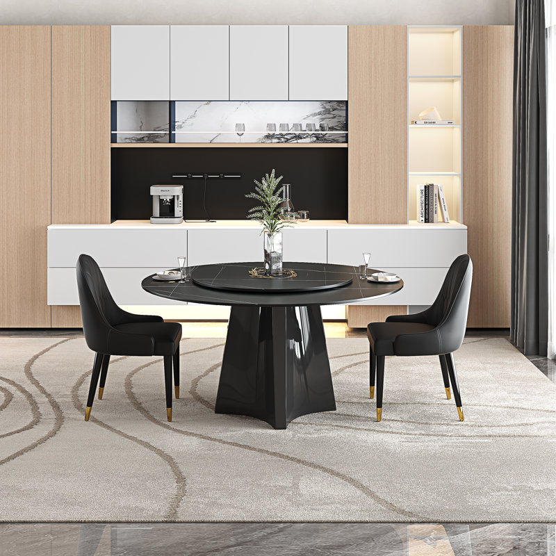 51'' Round Dining Table Set, Modern Faux Marble Table With Lazy Susan And Dining Chairs For 6 Person, Lauren Black Gold