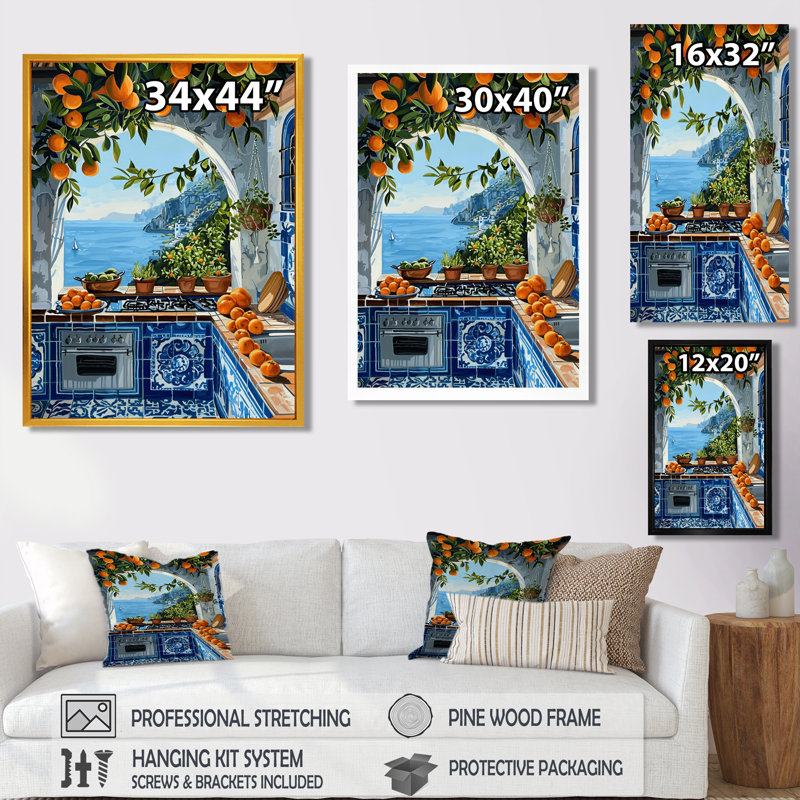 Fenêtre vue de la mer Méditerranée cuisine oranges II - cuisine murale art salon, Toile tendue, H 20 po x l 12 po x P 1 po
