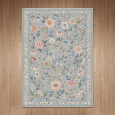 Abbey Blossom Floral Machine Washable Blue / Green / Beige Indoor Area Rug with Non-Slip Backing