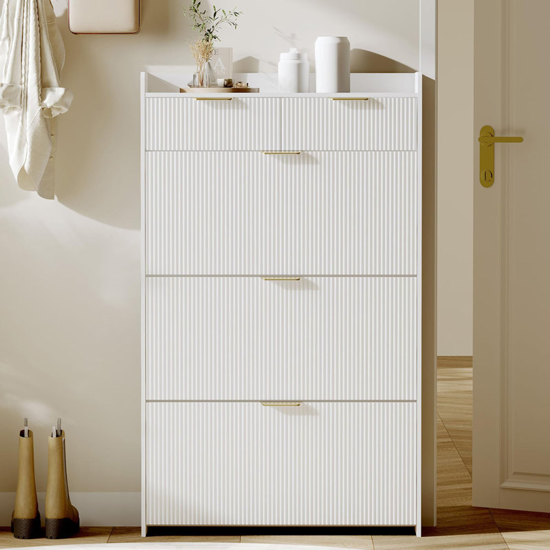 Armoire à chaussures cannelée moderne avec 3 tiroirs rabattables, rangement pour chaussures mince avec 2 tiroirs, Blanc