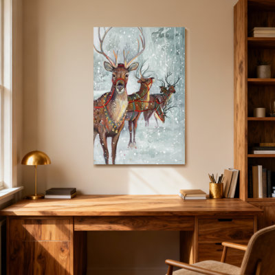 Animals Reindeer In Snowy Forest With Holiday Decor