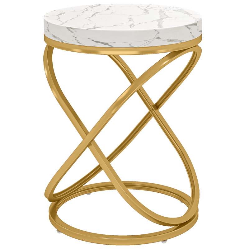 26'' White and Gold Faux Marble Top Round End Table
