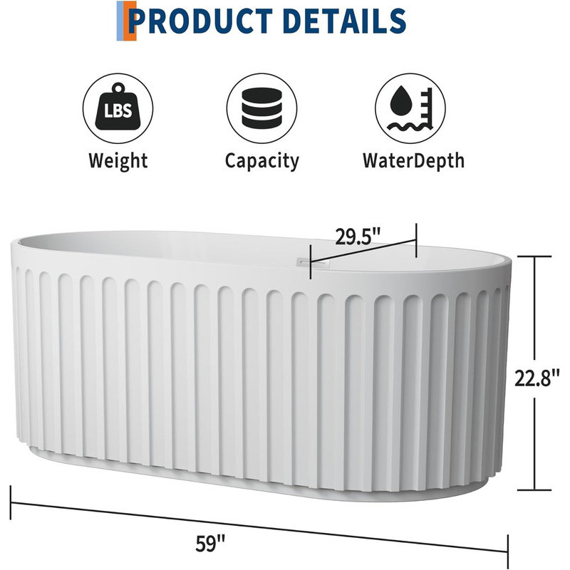  59/67" Acrylic Freestanding Bathtub, Modern Rectangular Soaking Tub with Chrome Drain, cUPC