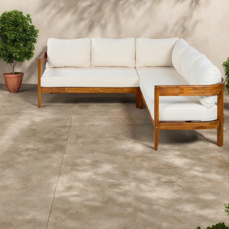 Canapés de patio spacieux, ensemble moderne en L en bois d'acacia pour la cour