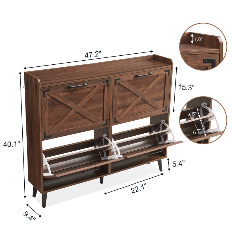 Chea Shoe Storage Cabinet with Adjustable Shelves, Oak Wood, 4