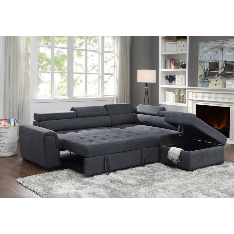 97" Dark Grey Fabric Sleeper Sofa Sectional With Adjustable Headrest And Storage Ottoman