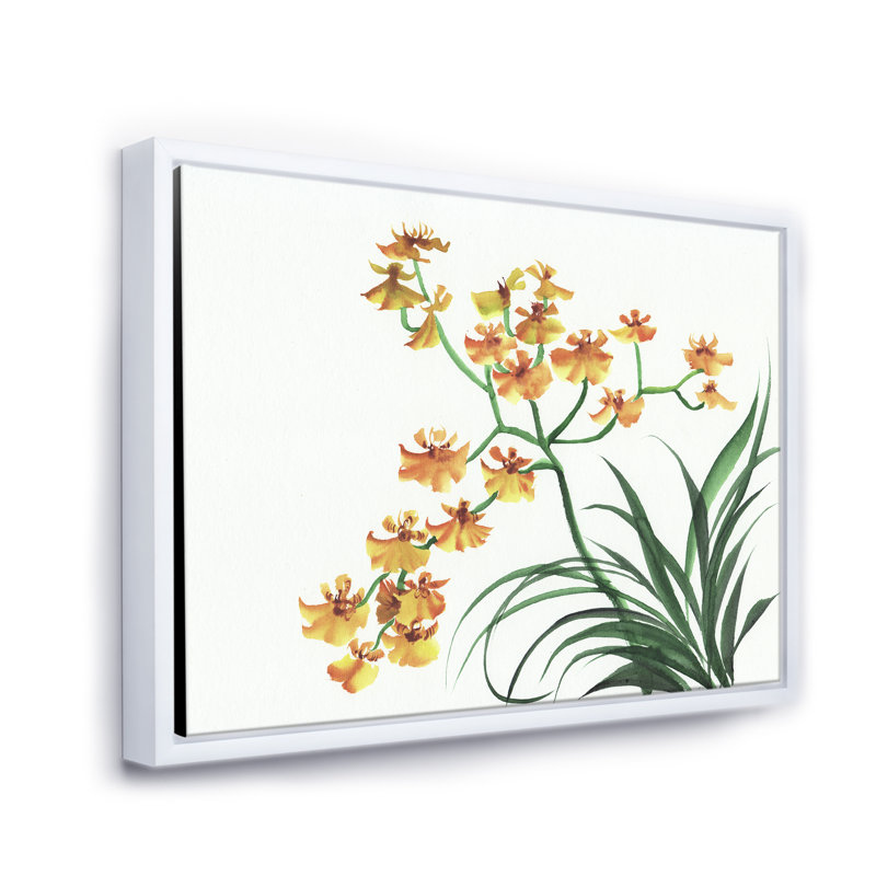 Orchidées jaunes rétro - peinture sur toile, H 16 po x l 32 po x p 1 po, Cadre flottant blanc
