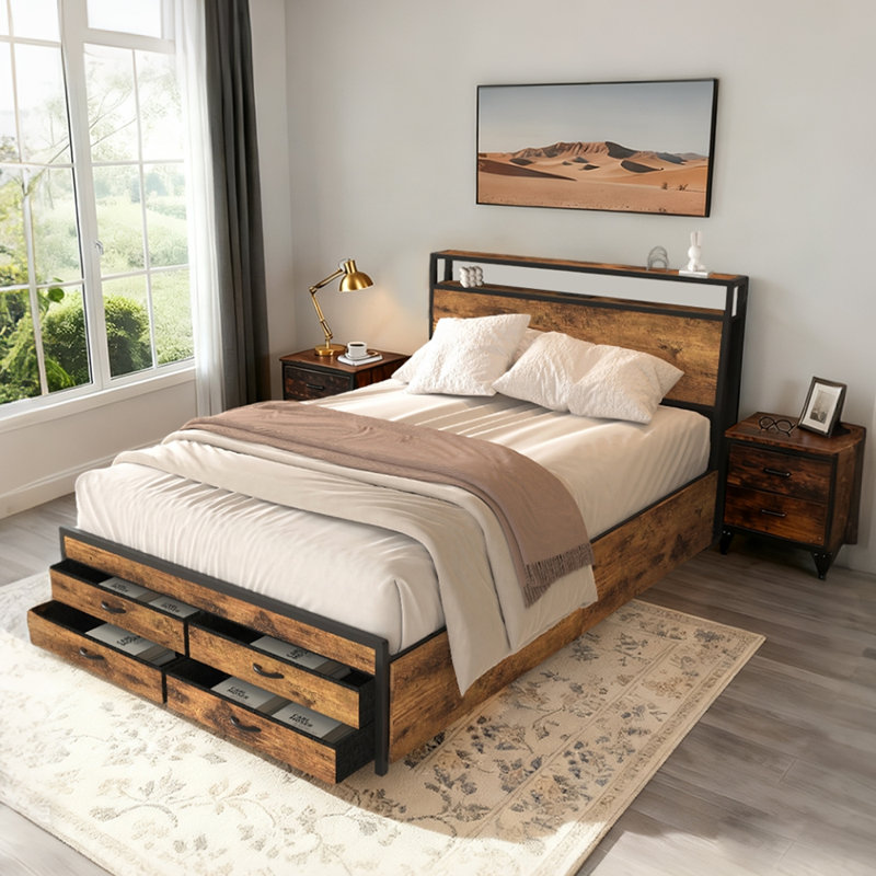 Metal Platform Bed Frame  with 8 Storage Drawers, LED Light Headboard & USB Charging Station, Heavy Duty Steel Slat Support,  No Box Spring Needed Bedroom Bed Frame