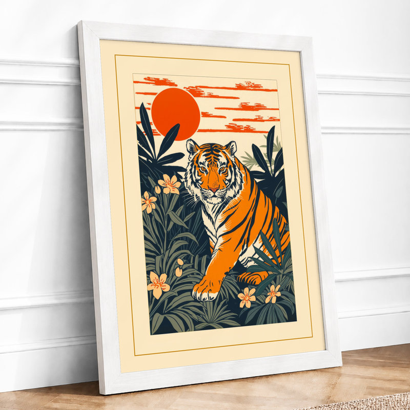 Tiger in Jungle Japandi - Framed Print, A2 - 59.4 x 42.0 cm, White