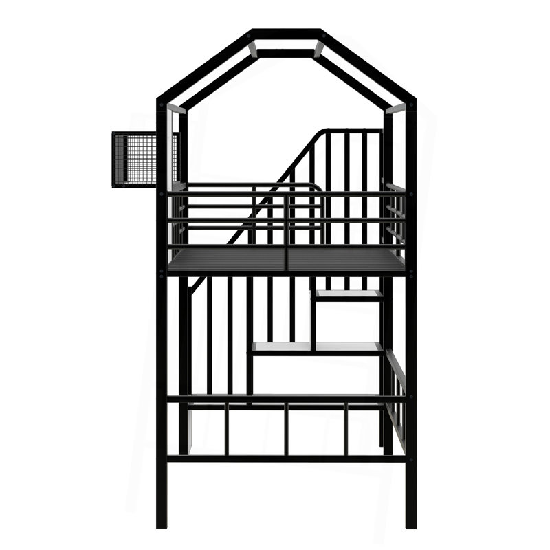 Lit mezzanine en métal avec toit et boîte de rangement, simple, Black
