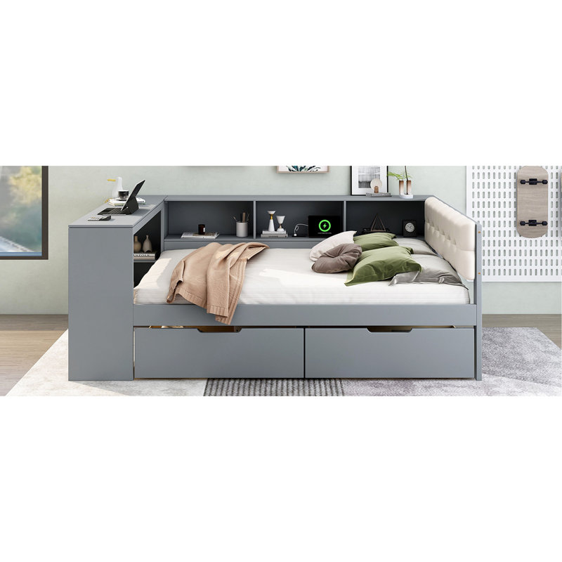 Lit double en bois avec tablettes de rangement, tiroirs, tête de lit rembourrée et élégante, tiroirs gris, coiffe Point Soft