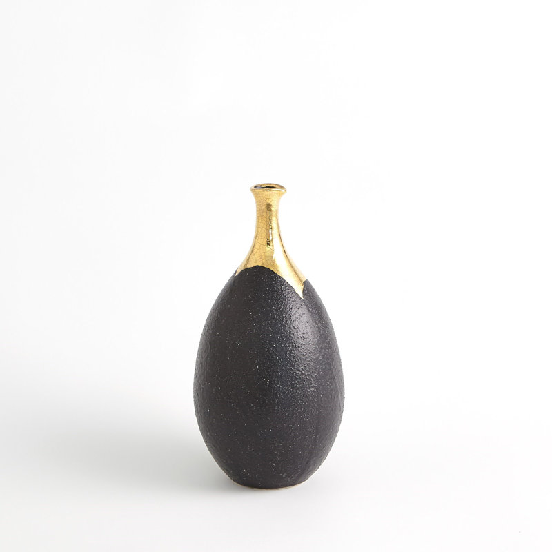 Craquelé doré trempé / vase mince noir, H 13 po x l 7 po x P 7 po