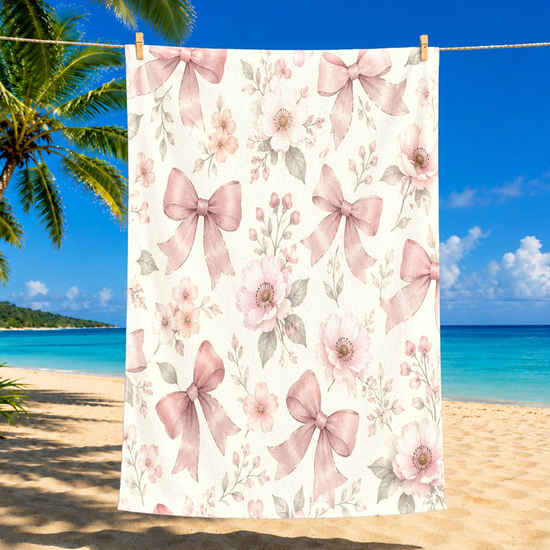 1Pcs Delicate Bow and Floral Beach Towel, featuring a charming watercolor pattern of pink bows soft flowers on light background. Perfect for days, pool parties, travel, versatile accessory girls women.