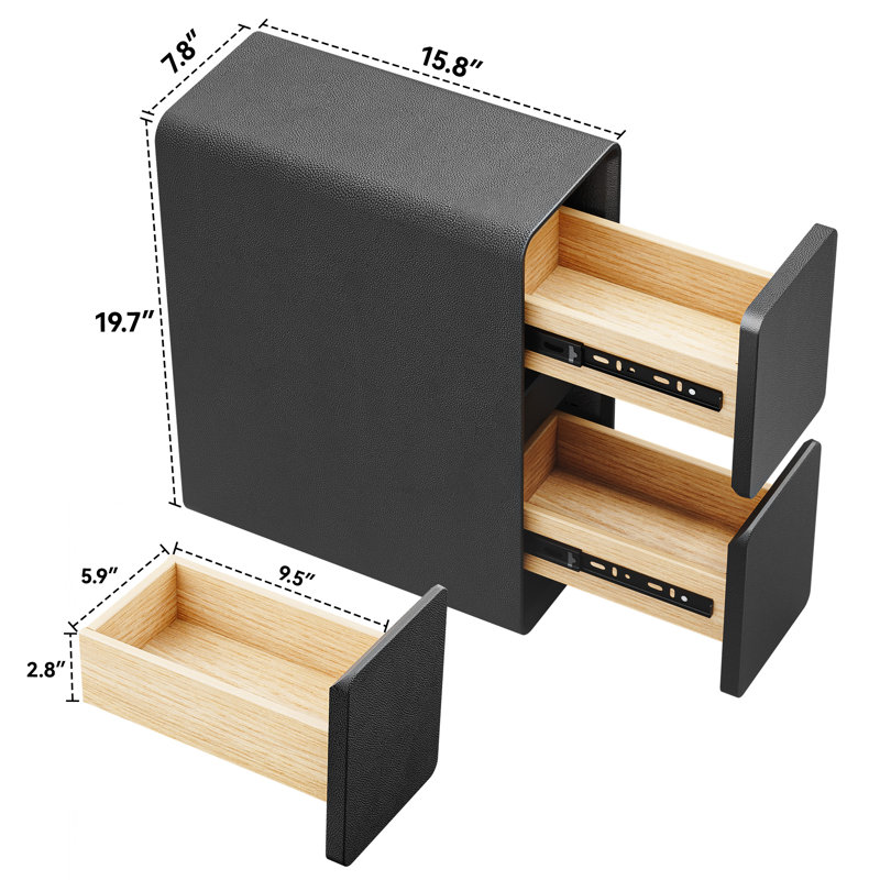 7.8" Wide Fully-Assembled Faux Leather Narrow Nightstand, Black, Set of 2