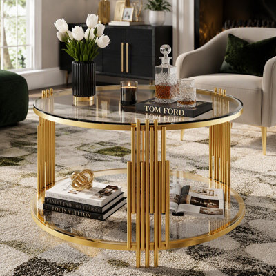 Modern Glass Coffee Table in 31.5", Asymmetrical, Circular Drum Base, Gold Finish & Lower Shelf