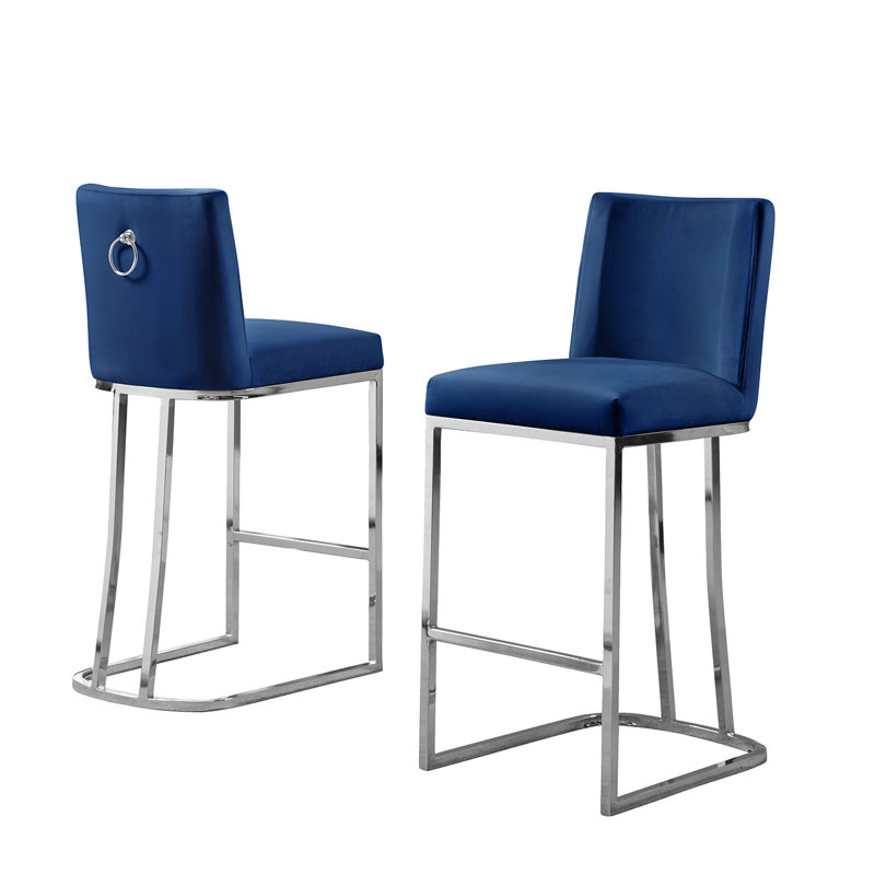 Tabouret de bar et de comptoir en velours Aurrin, Argent, Bleu marine, Tabouret de comptoir (siège d'une hauteur de 26 p