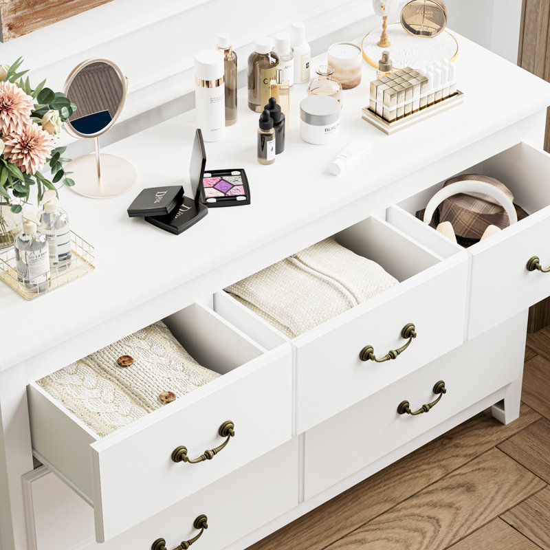 7 Drawer Dresser For Bedroom, Retro Chest Of Drawers With Metal Handle White, Blanc