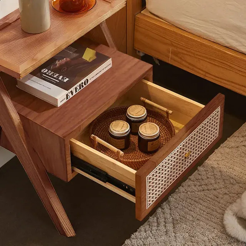 Mina Solid Wood & Rattan Bedside Cabinet, Walnut