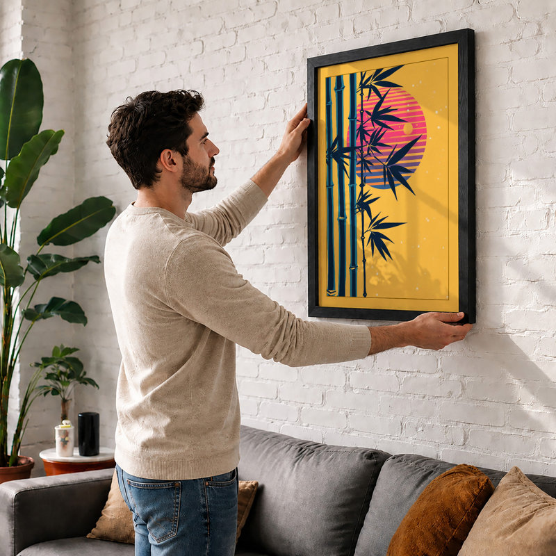 Bamboo and Rising Sun Japandi - Framed Print, A4 - 29.7 x 21.0 cm, White