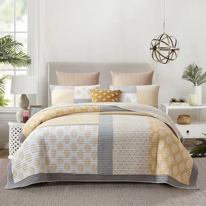 Ensembles de courtepointe 100% coton 98 po x 90 po DDUOXIN - 1 courtepointe avec 2 taies décoratives, Jaune/gris