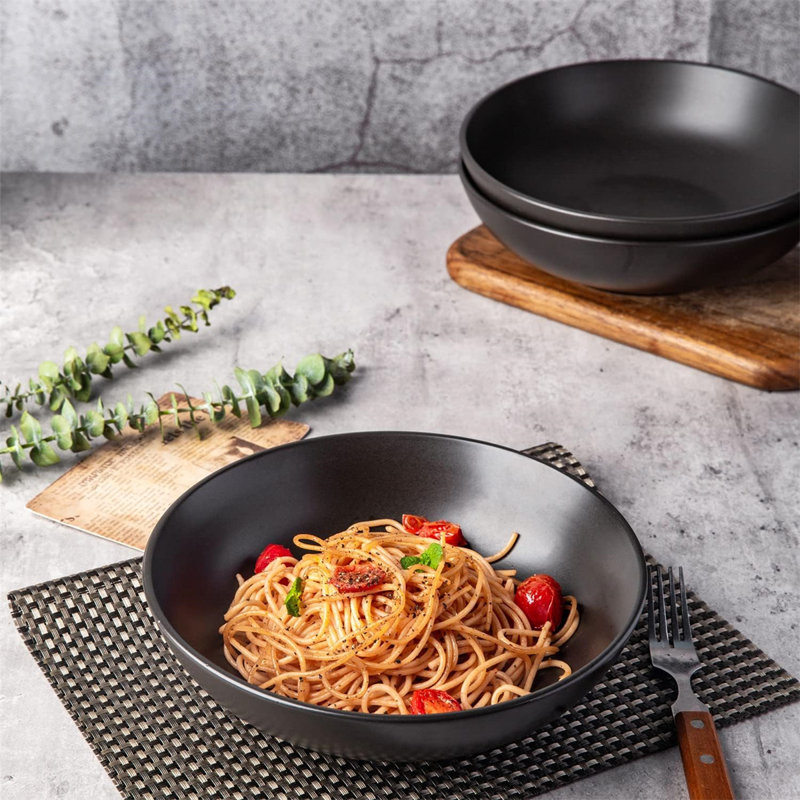 Matte Black Ceramic Microwave Safe Pasta Bowls Set