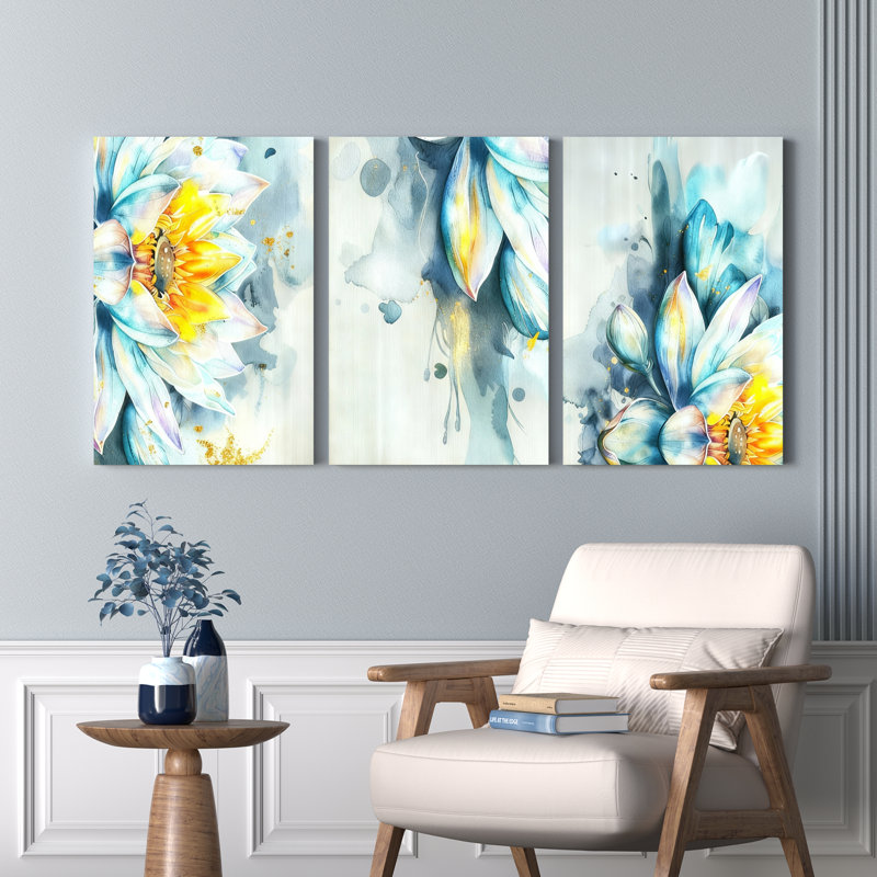 Peinture murale sur toile tendue à l'aquarelle, motif floral de lotus (paquet de 3), H 18 po x l 36 po