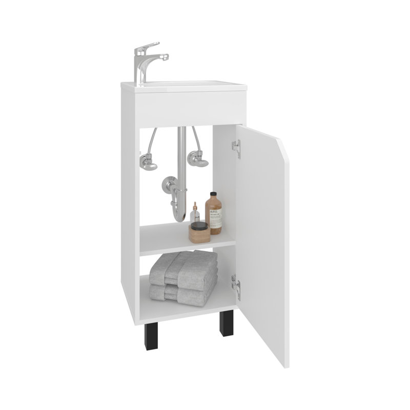 Bethel Wide One-Door Cabinet, Free Standing Vanity With Resin Sink And Two Shelves, Bathroom Storage, White
