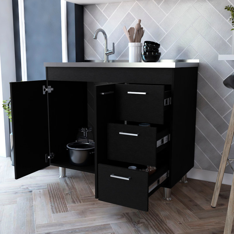 3 armoires de cuisine noires à 2 portes - 3 tiroirs pour une meilleure organisation
