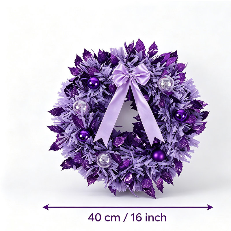 Couronne de Noël artificielle mauve / rose de 16 pouces, couronne de feuilles de paillettes Harry avec un arc en satin et des boules brillantes, couronne de Noël de porte d'entrée pour les décorations de Noël intérieures et extérieures
