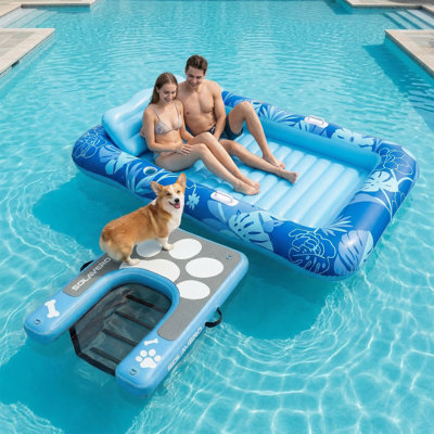 Inflatable Dog Water Ramp, Non-Slip Pet Pool Ladder with EVA Traction Pad, Floating Dog Stairs with Pump, Repair Kit & Carry Bag, for Pool, Lake, Boat & Dock