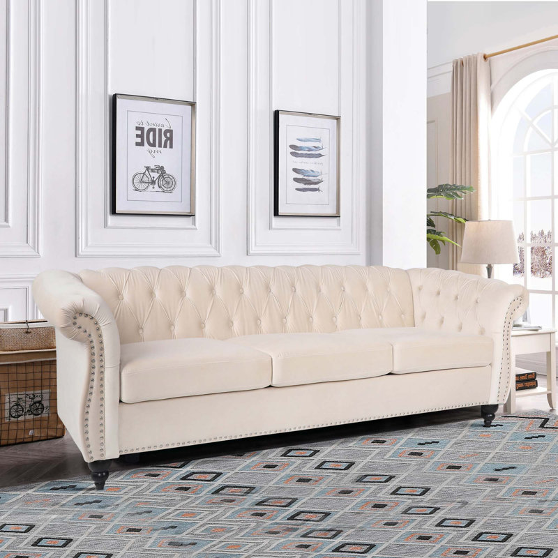 Jemotte 83.85'' Upholstered Velvet Sofa, Beige Velvet
