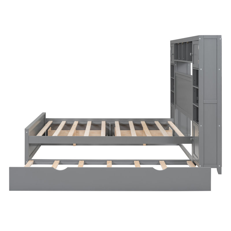 Lit en bois avec armoire tout-en-un, tablette et douilles, lit gigogne simple, Gris, Lit double