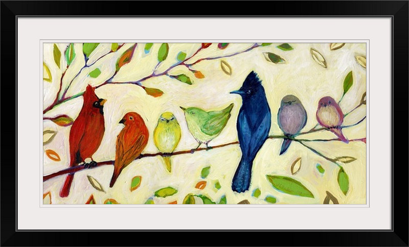 Nolani «A Flock of Many Colors» - reproduction d'art, H 32 po x l 56 po x P 1 po, Cadre noir