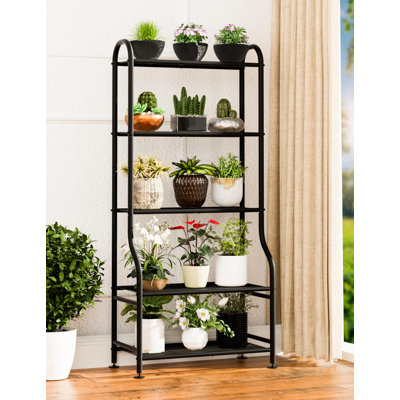 Five-Layer Waterproof Metal Flower Stand, Suitable For Both Indoor And Outdoor Use, Can Hold Multiple Flower Pots, With Adjustable Legs, Black by Arlmont & Co.