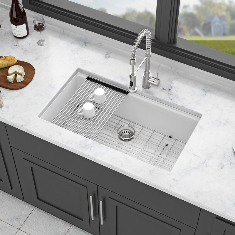 Évier de cuisine en quartz - Évier de cuisine encastré en granite blanc 33 po x 19 po
