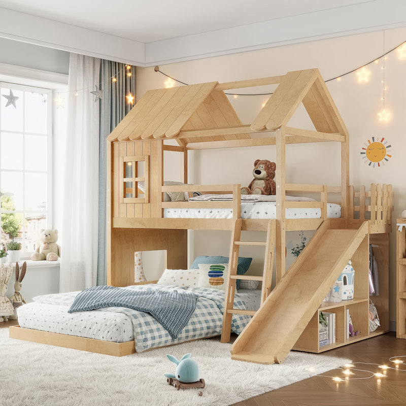 Lit superposé simple au-dessus de la maison double avec échelles et glissières, lit superposé au sol avec tablettes de rangement et garde-robe, conception de maisonnette, naturel