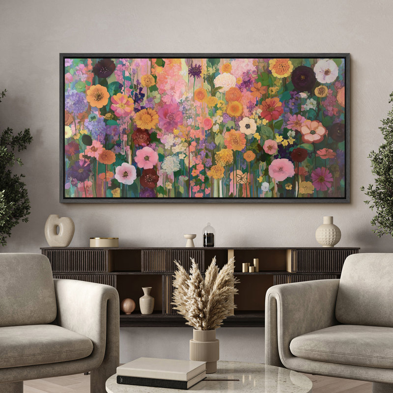 Toile encadrée avec jardin coloré et fleurs sauvages, H 30 po x l 60 po, Noir