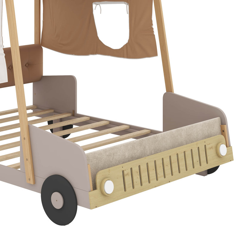 Wood Car Bed with Pillow, Ceiling Cloth, Twin