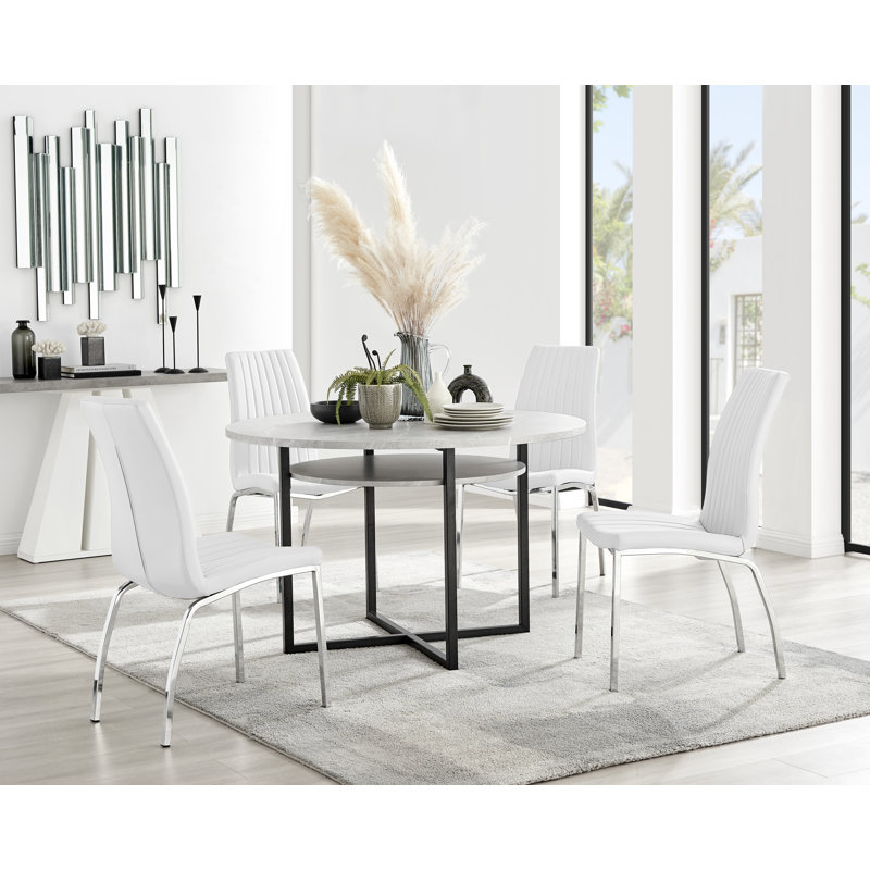Round Wood Veneer & Matte Black Dining Table With Storage Shelf & 4 Faux Leather Dining Chairs